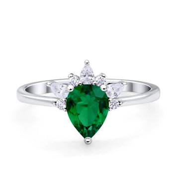 Art Deco Engagement Ring Pear Simulated Green Emerald CZ 925 Sterling Silver